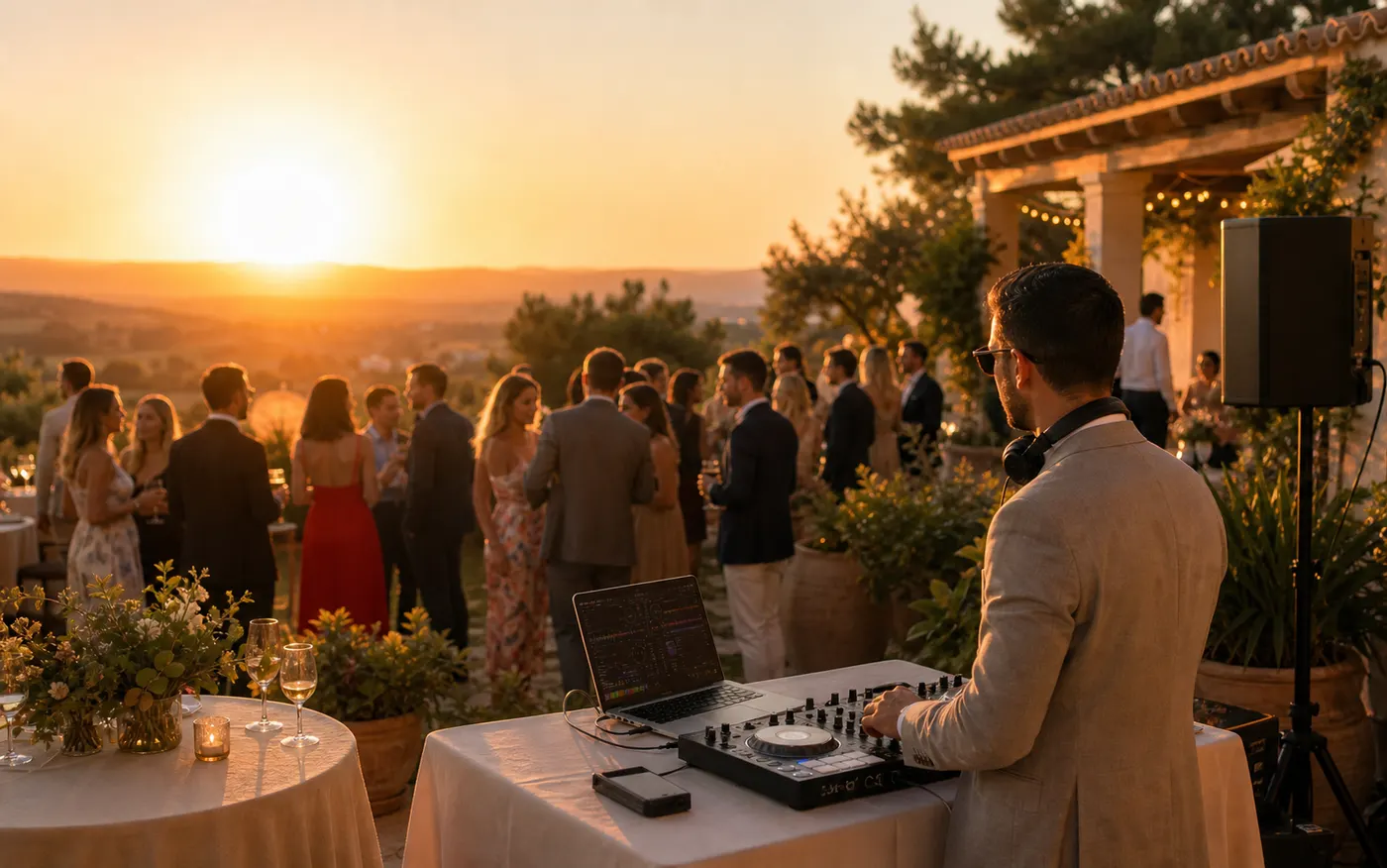 Sunset de casamento com DJ e convidados em ambiente exterior