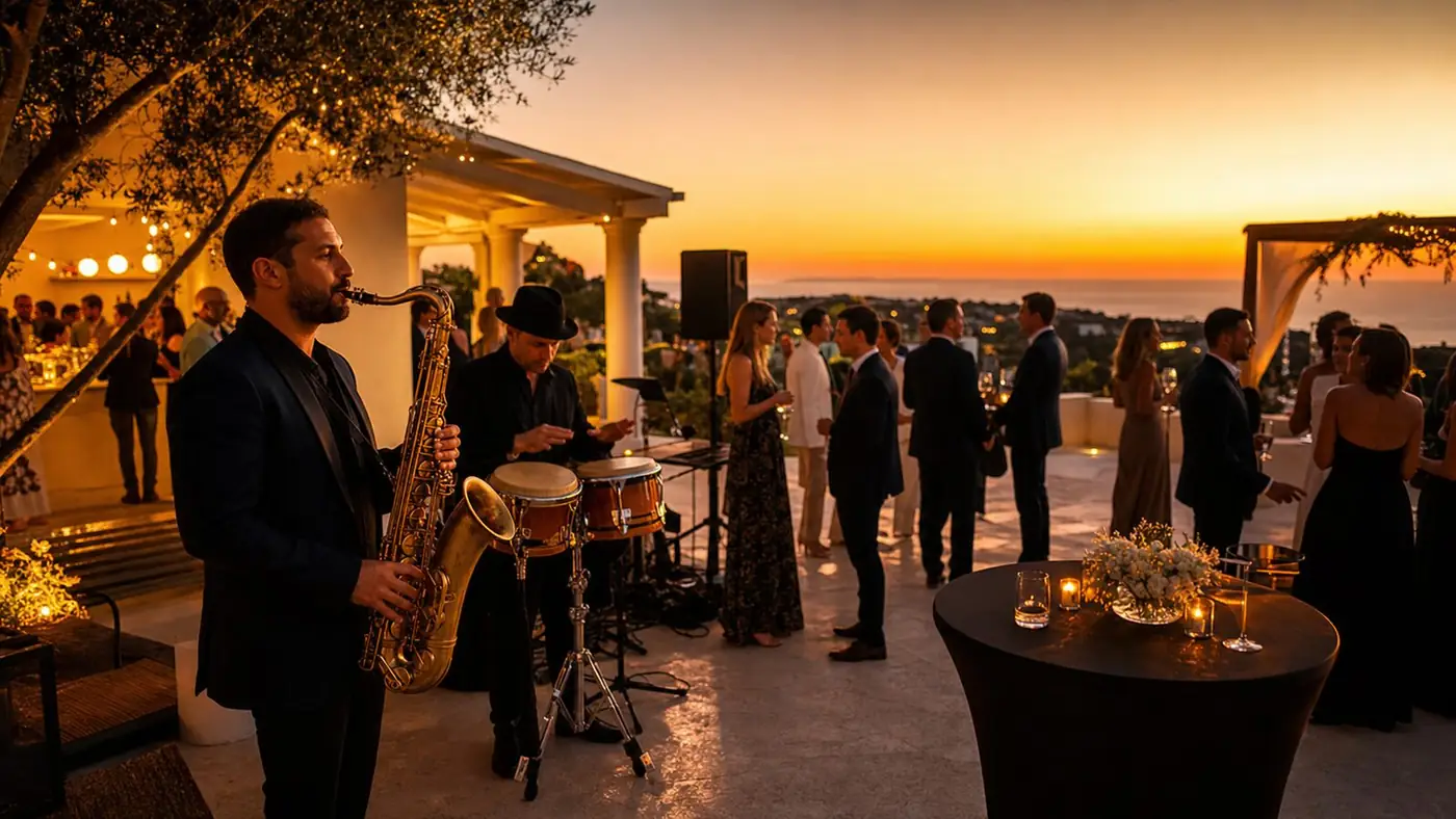 Saxofonista e percussionista durante sunset de casamento